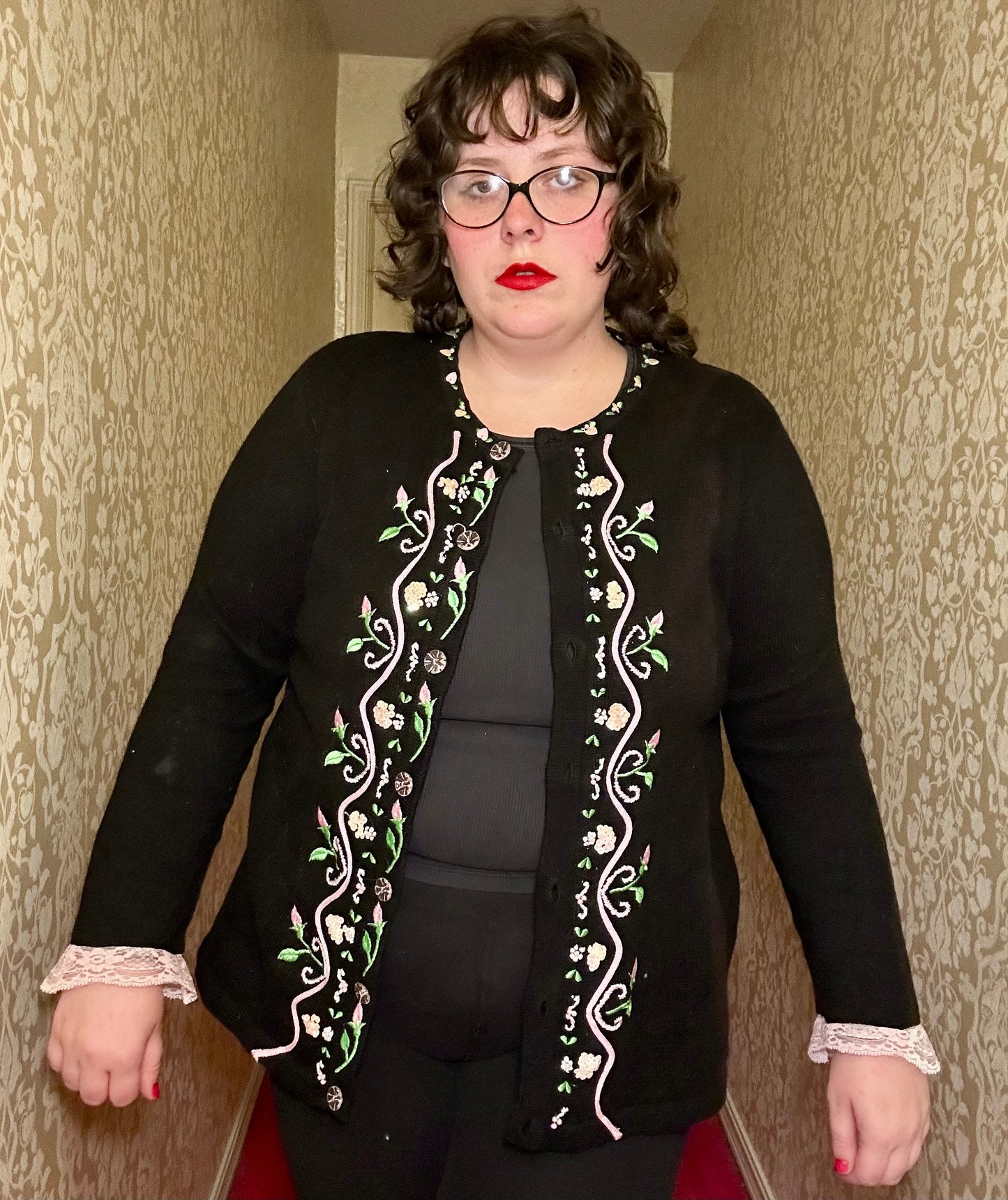 Whimsical Black and Baby Pink Sweater Cardigan (L)