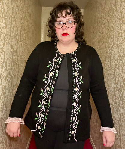 Whimsical Black and Baby Pink Sweater Cardigan (L)