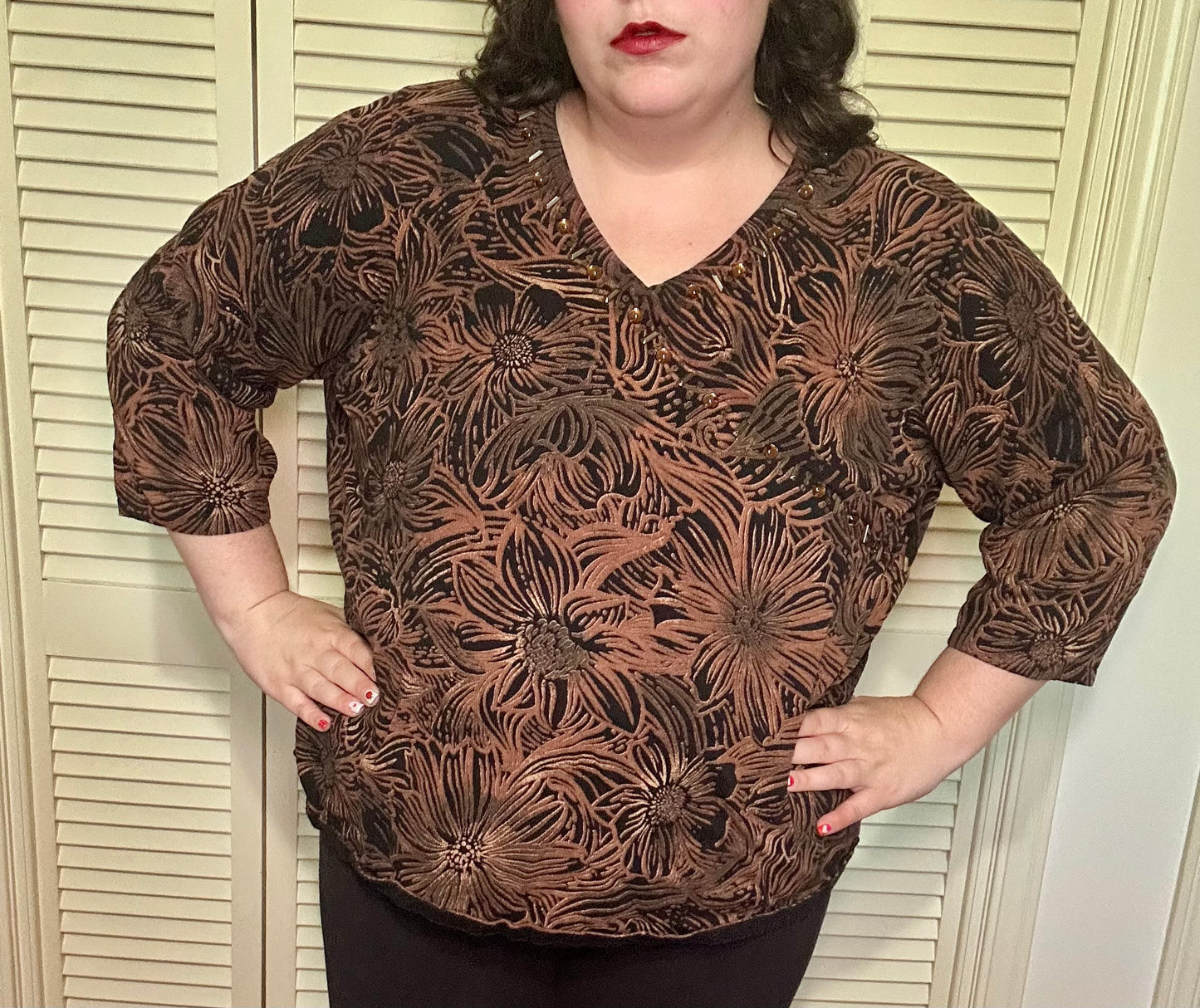 Brown Floral Beaded Top (3X)