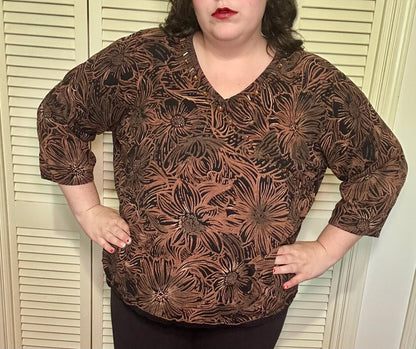 Brown Floral Beaded Top (3X)