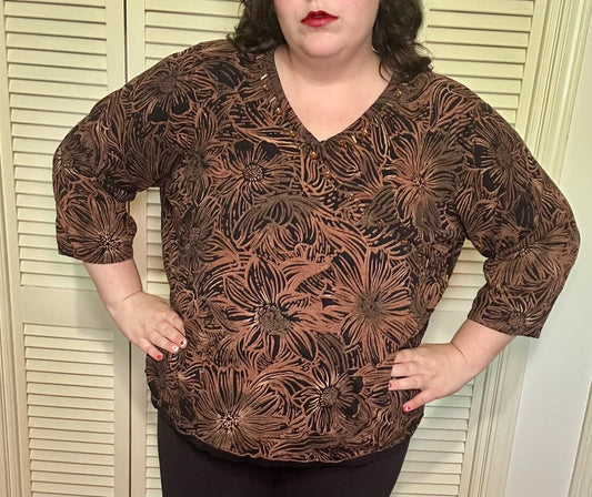 Brown Floral Beaded Top (3X)